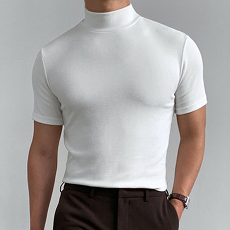 Men's Fashion Simple High-Neck Tight-Fitting Short-Sleeve T-Shirt Solid Color Versatile Base Shirt Men's Fashion Simple High-Neck Tight-Fitting Short-Sleeve T-Shirt Solid Color Versatile Base Shirt