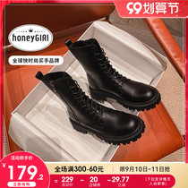 honeyGIRL summer boots Black Martin boots female 2021 autumn and winter New thick soled short boots lace-up locomotive boots Joker