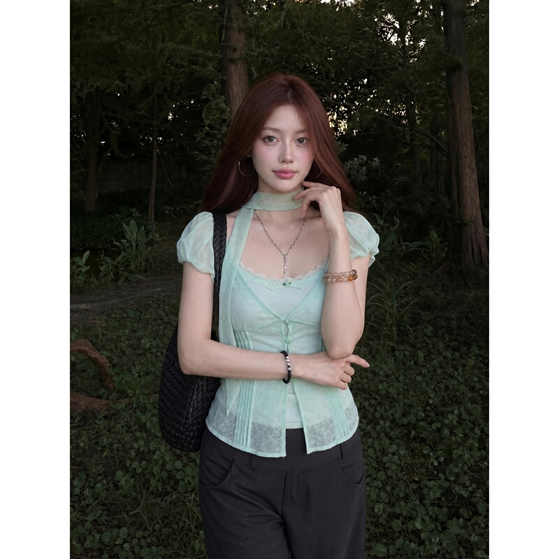 Mint Green Halter Neck Ribbon Puff Sleeve Cardigan Lace Inner Layer Fake Two-Piece Waist-Cinching Slimming Short-Sleeve Top