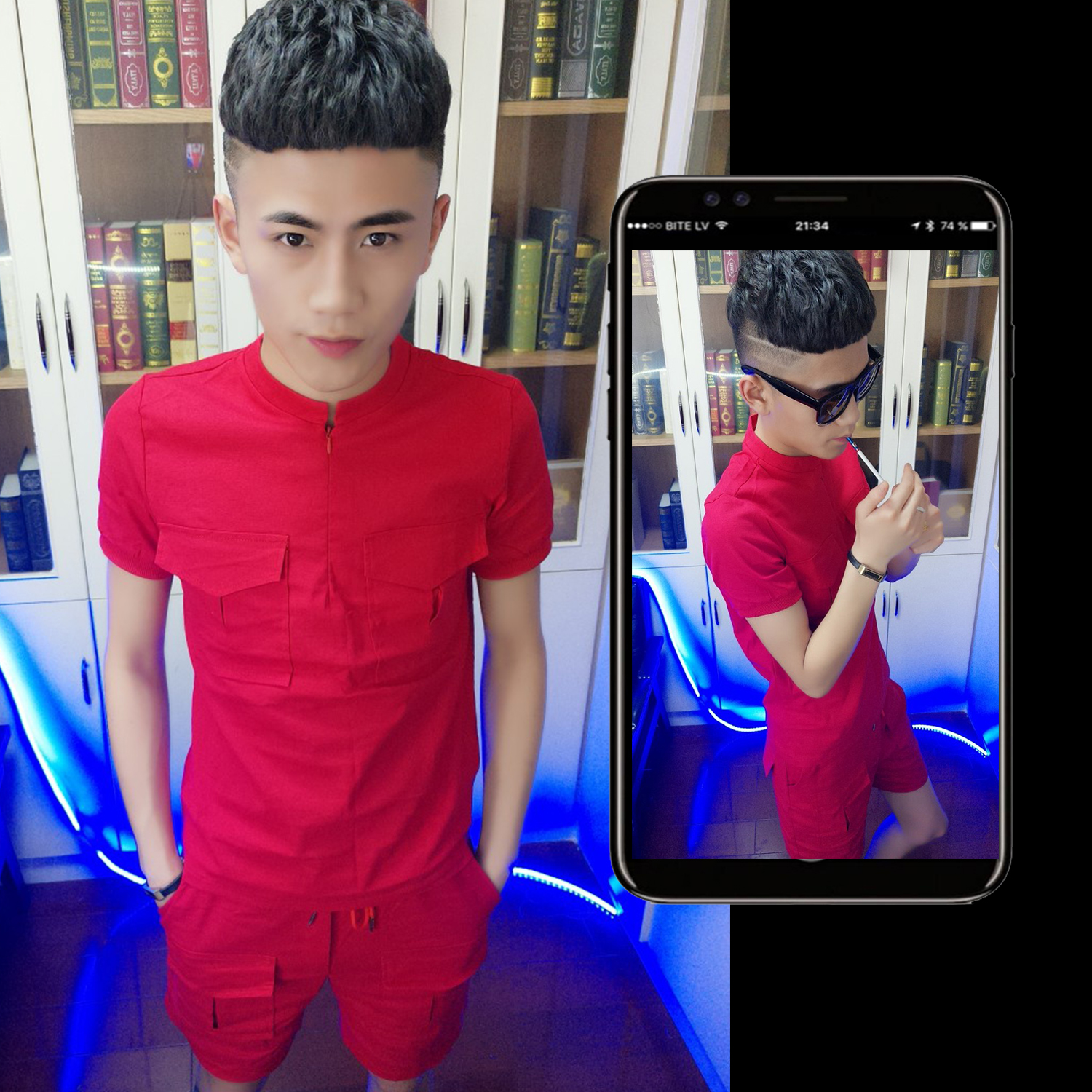 Quần short hè tay lửng nam phù hợp với tinh thần xã hội chàng trai quần đỏ 2018 tay nhanh tay đỏ với hai set đồ quần ngắn