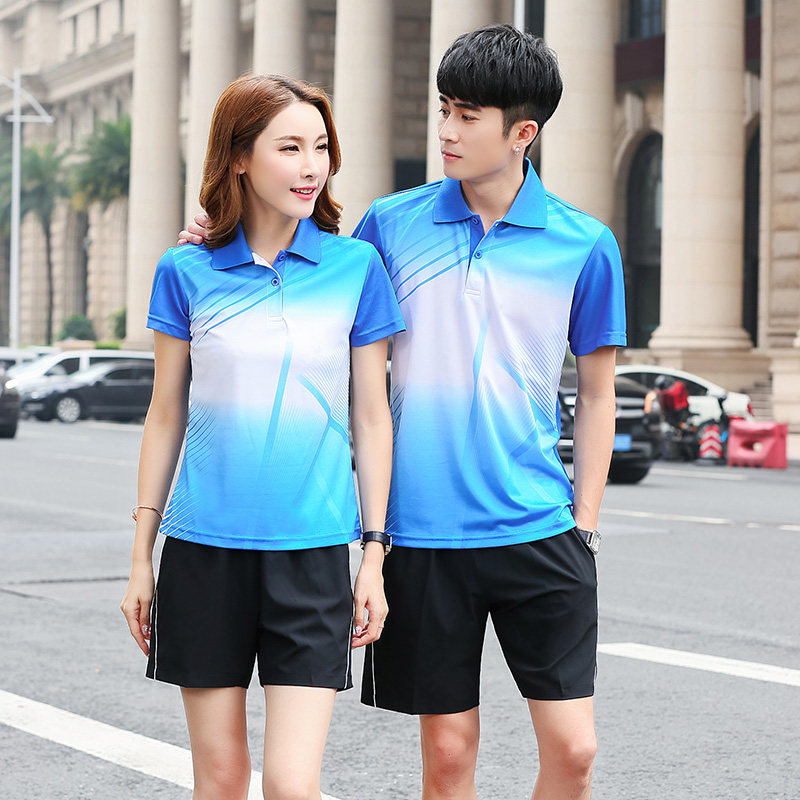 Sports suit men's short-sleeved quick-drying T-shirt summer women's badminton clothing printing logo couple shorts running clothing