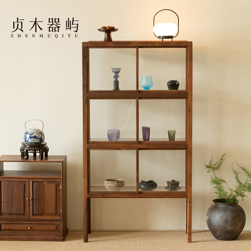 Zhenmuqiuyu North American Black Walnut Glass Display Cabinet Tea Space Shelf Tea Set Storage Solid Wood Display Cabinet