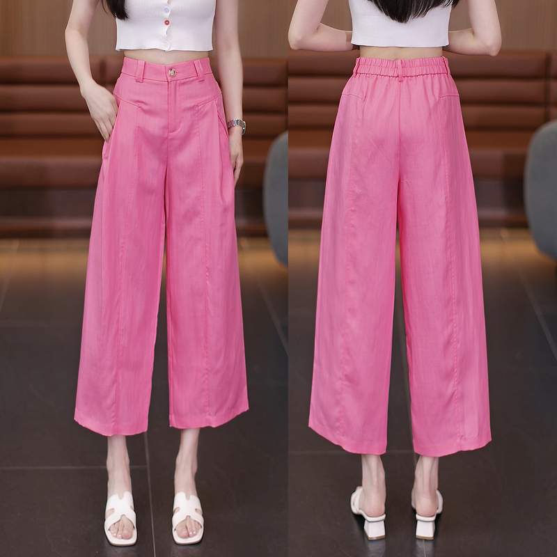 Women's Summer Thin Cropped Pants for Petite Figures, Pink Pants, Seven-Point Length, Cool Mid-Length Pants, Straight-Leg Lyocell Linen Wide-Leg Pants