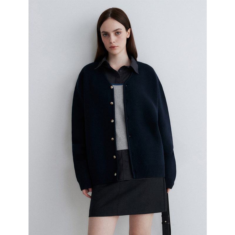 Fisherman Retro V Neck Single-Breasted Apricot Knitted Cardigan for Men and Women Loose Casual Sweater Jacket Navy Blue