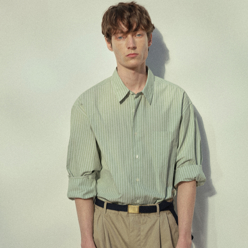 New Spring and Summer Mint Green Striped Long-Sleeved Shirt, Unisex, Loose-Fitting, Casual Blue Outerwear Shirt, Cotton