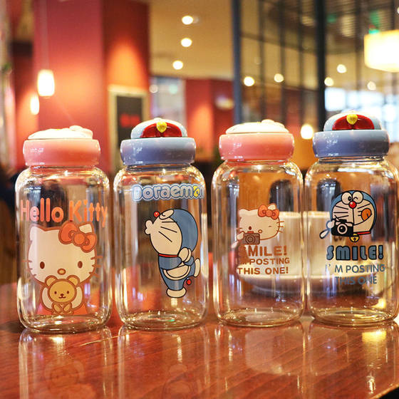 Cute Katty Cat glass cup hellokitty doll couple Ding Dang cat KT student male and female cute tea water bottle
