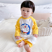 Children conjoined pyjamas spring autumn pure cotton long sleeves cute baby anti-cool home clothes boy boy anti-kicking and climbing suit