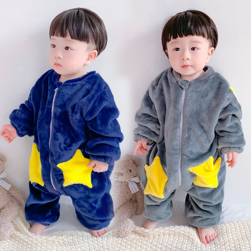 Children's sleepwear and autumn winter flannel thickened anti-kick-one-year-old baby anti-cool boy Coral Suede Sleeping Bag