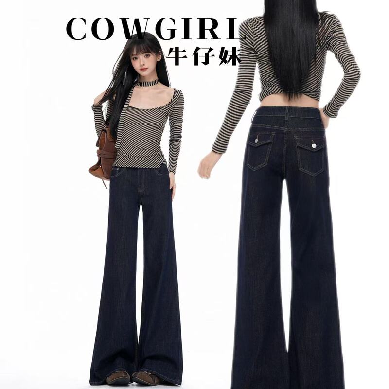 2026 Early Autumn Denim Blue Non-Tight Jeans for Women 3inch Stylish Mid-High Waist Slimming Flared Pants