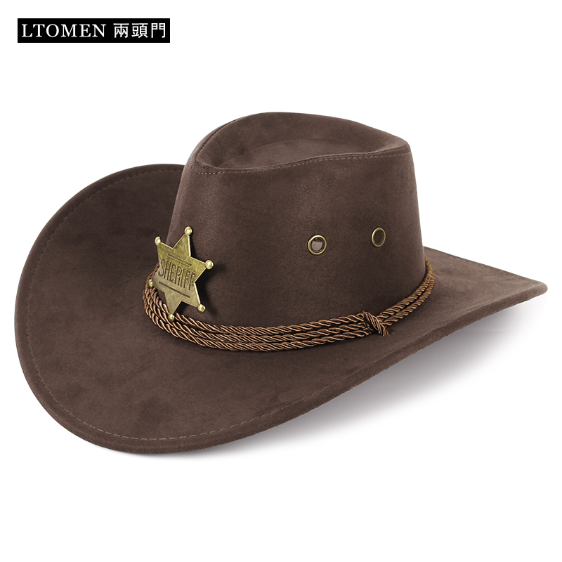 Two-Headed Metal Hexagonal Star Badge Western Cowboy Hat for Men and Women with Large Brim for Outdoor Riding, Sun Protection, and Travel