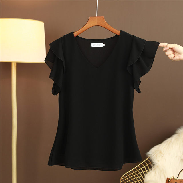 2024 summer new style V-neck short-sleeved tops for women, large size, loose and versatile, belly-covering, high-end temperament chiffon tops