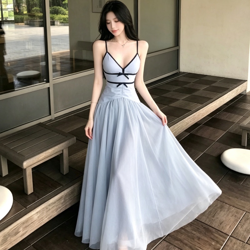 French-Style Tea Break V-Neck Mesh Camisole Dress Women's Summer Design Waist-Cinching Beach Dress Long Dress