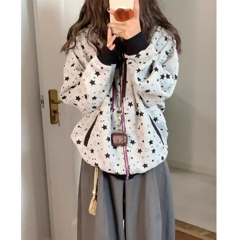 American Retro Hooded Cardigan Sweatshirt for Women in Autumn and Winter, High-End and Chic, Fleece-Lined and Thickeneded, Student Outerwear Jacket