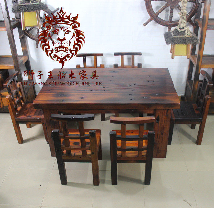 Купить стол со стульями 老船木餐桌船木家具实木厨房用餐桌古船木餐桌椅组合板桌饭桌 Lion King ship