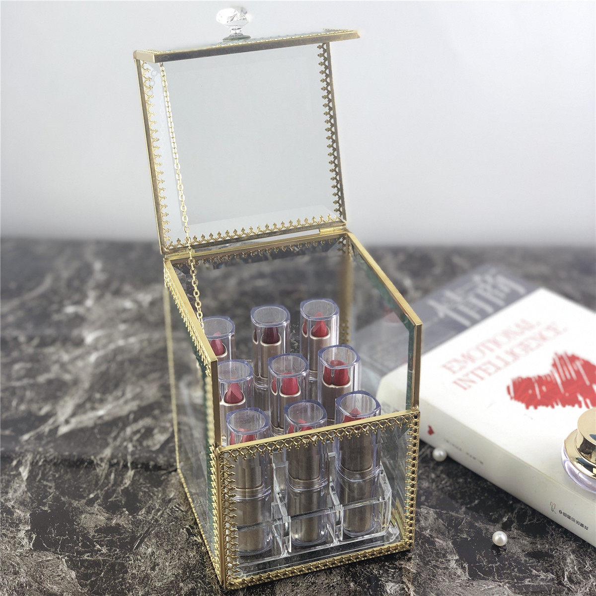 Cosmetic table glass cosmetic storage box dust-proof lipstick skin care acrylic transparent jewelry box tray display