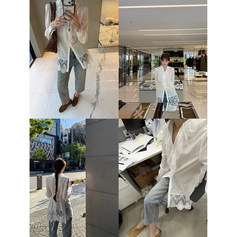 Yangzifan Ann New French-Style Patchwork Soft Lace Trim Long Shirt Women's Summer V-Neck Top Yangzifan Ann New French-Style Patchwork Soft Lace Trim Long Shirt Women's Summer V-Neck Top