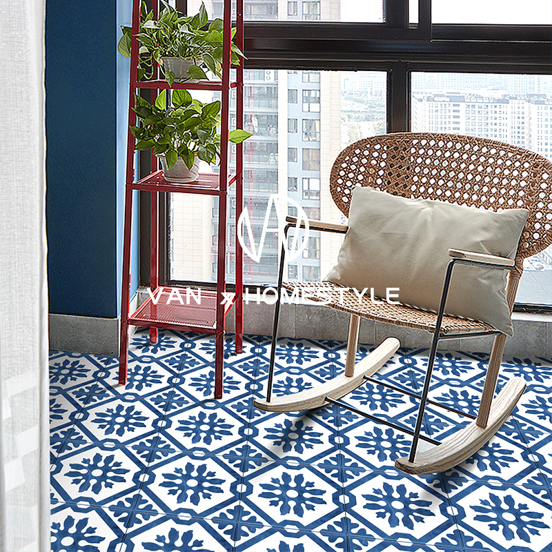 Van NeMediterranean Blue Small Flower Brick Kitchen Balcony Xuan Guan Wall Tile Makeup Room Bathroom Toilet Flower Leaf