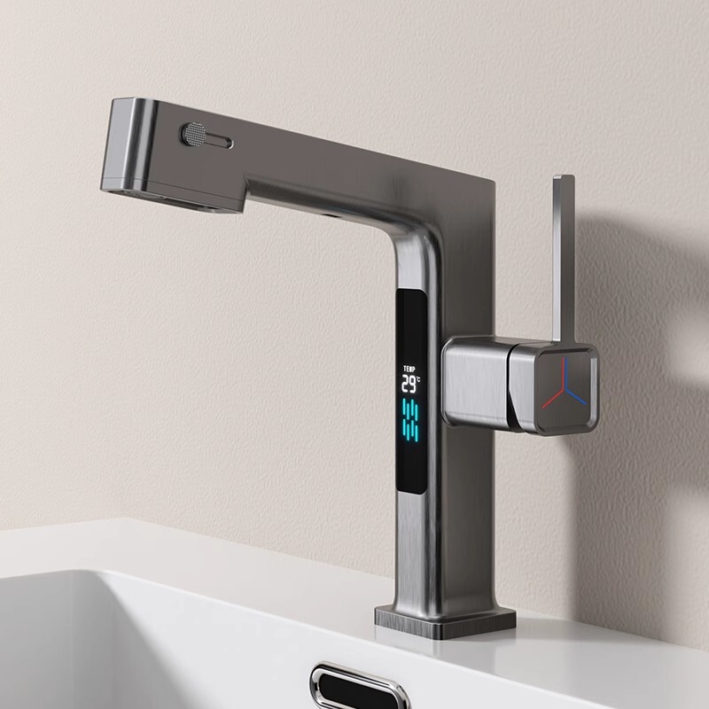 Genuine New All-Copper Smart Digital Display Basin Sink Pull-Out Hot and Cold Water Retractable Mouthwash Bathroom Faucet
