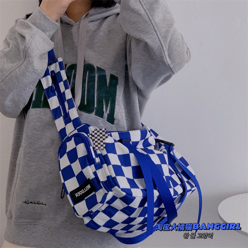 Japanese Harajuku Ulzzang Plaid Large-Capacity Messenger Bag for Men, Korean Klein Blue Shoulder Crossbody Bag for Women