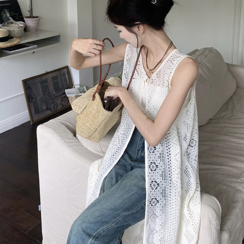 Lace Hollow-Out Long Vest Jacket for Women, New Spring and Autumn Style, Layered Blouse, Two-Way Sleeveless Cardigan Dress