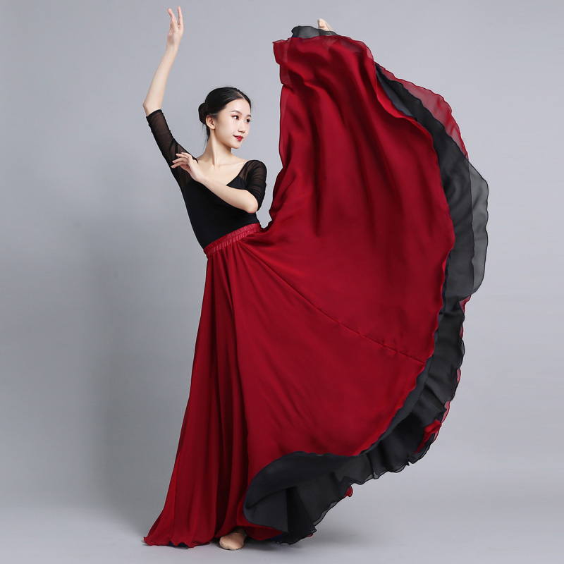 720 Degree Large Swing Skirt Reversible Chiffon Gauze Skirt Xinjiang Dance Folk Dance Performance Square Dancer Half-Length Skirt