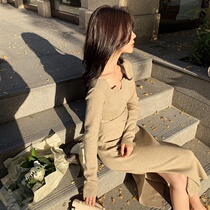 2021 Autumn and Winter Plus Size Womens Fat mm Long Sleeve Slit Vintage Square Neck Knitted Dress Long Skirt base skirt Women