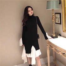 2021 autumn and winter womens new size fat mm long slim long slim long sleeve black sweater dress knitted base dress
