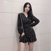 2021 Autumn Winter Women Plus Size Long Sleeve V-Neck Black and White Striped Dress Skirt Short Skirt A- line dress Dress Women
