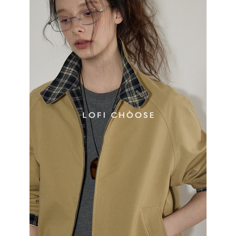 Lofi Choose Retro Plaid Zipper Work Jacket Short Coat for Women Spring New Casual Versatile Top