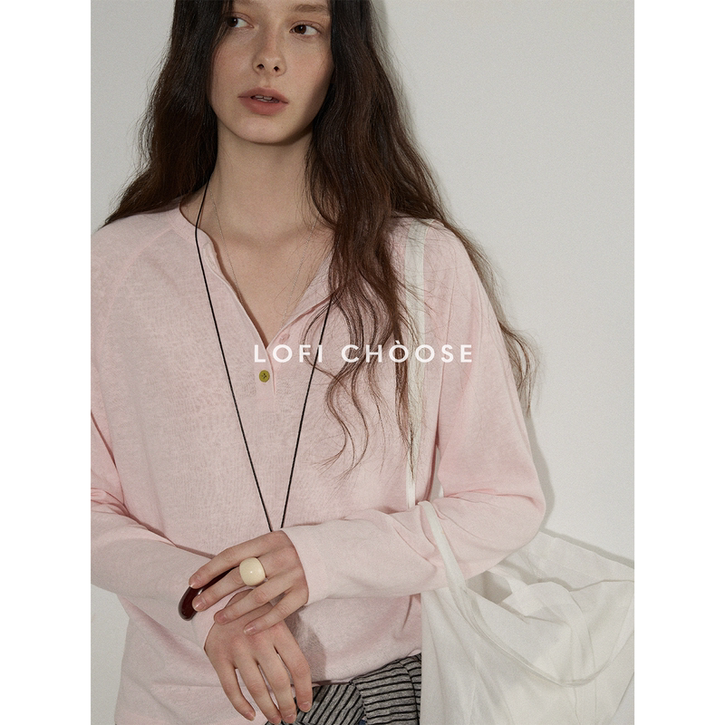 Lofi Choose Bright-Colored Button Embellished Textured Henry Collar Long-Sleeve T-Shirt for Women, New Spring Design Top