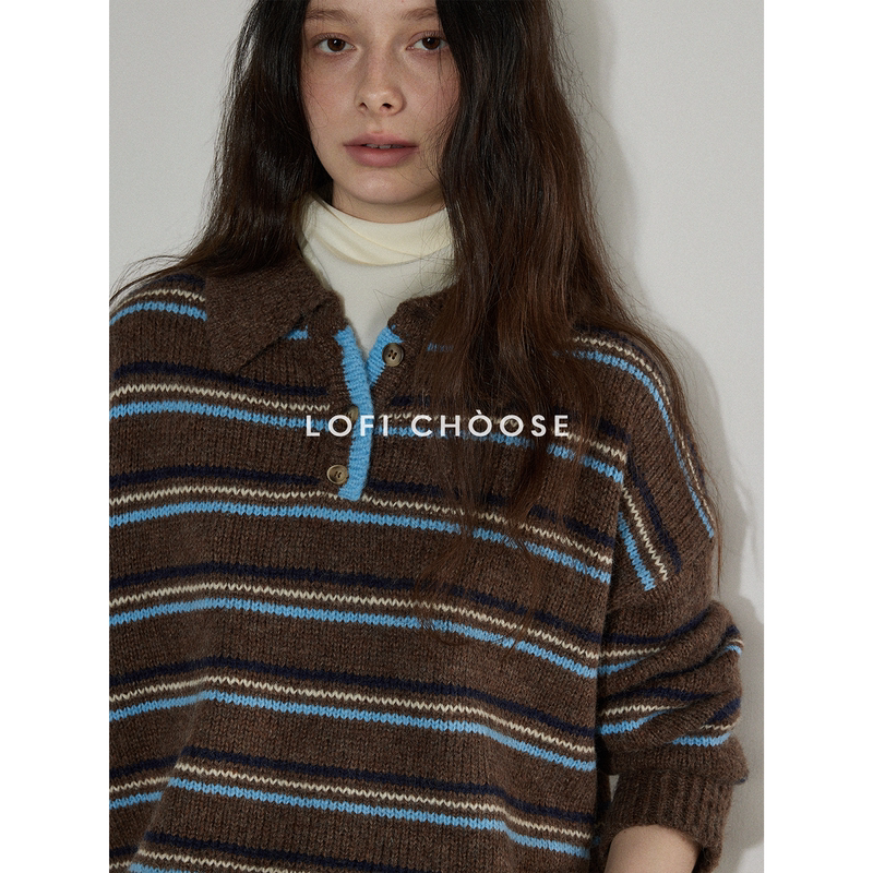 Lofi Choose Color-Block Striped Lapel Pullover Knitted Sweater for Women, New Spring Style, High-End Loose Top Lofi Choose Color-Block Striped Lapel Pullover Knitted Sweater for Women, New Spring Style, High-End Loose Top
