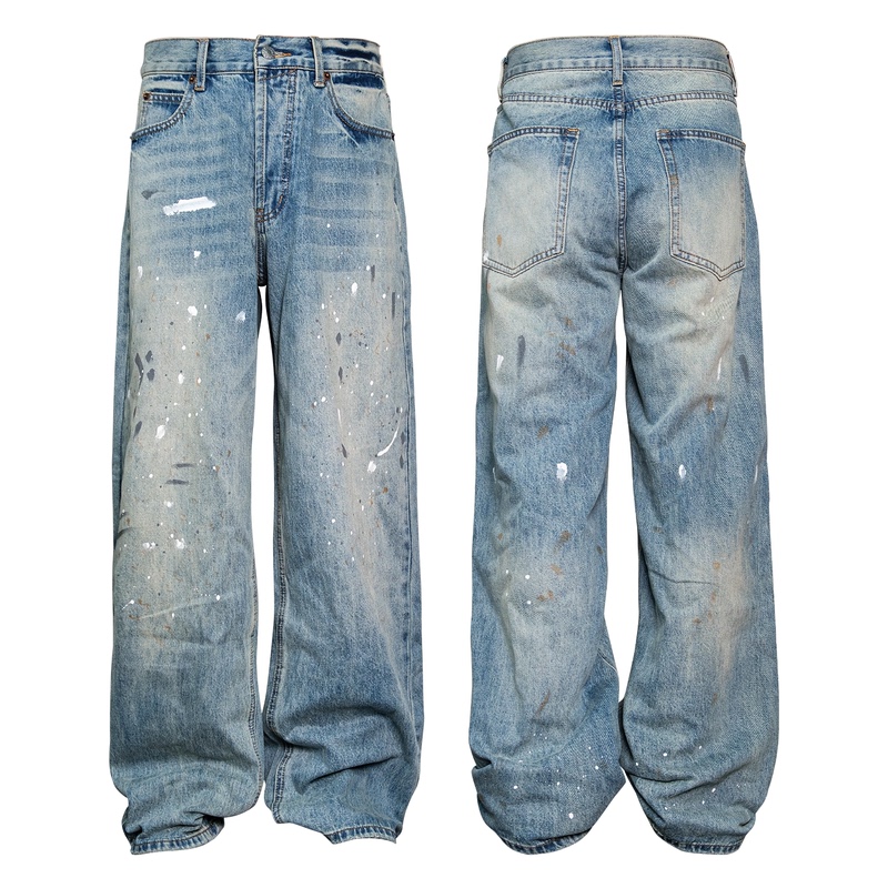 Down Minority American High Street Splatter Wash Straight-Leg Jeans from the "Dye" Series, Distressed Long Pants Down Minority American High Street Splatter Wash Straight-Leg Jeans from the "Dye" Series, Distressed Long Pants