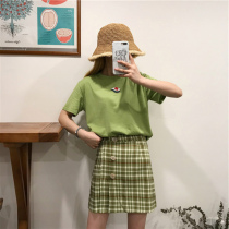 Big Code Womens Summer Pop New Bull Oil Fruit Short Sleeve T-shirt Minus Age Suit Fat Mm slim fit half a dress Two sets