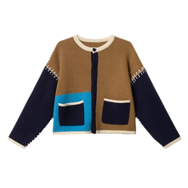 ຂະຫນາດບວກຂອງແມ່ຍິງດູໃບໄມ້ລົ່ນແລະລະດູຫນາວໃຫມ່ວິທະຍາໄລການອອກແບບ contrasting stitching knitted cardigan coat fat mm sweater ນອກ