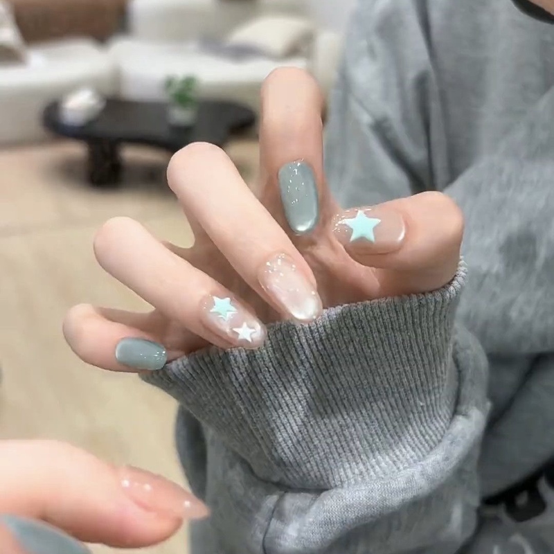 Mint Summer Wearable Nail Art 2026 New Short Style Student Party Korean Style ins Doudou Cat Eye Whitening for Girls