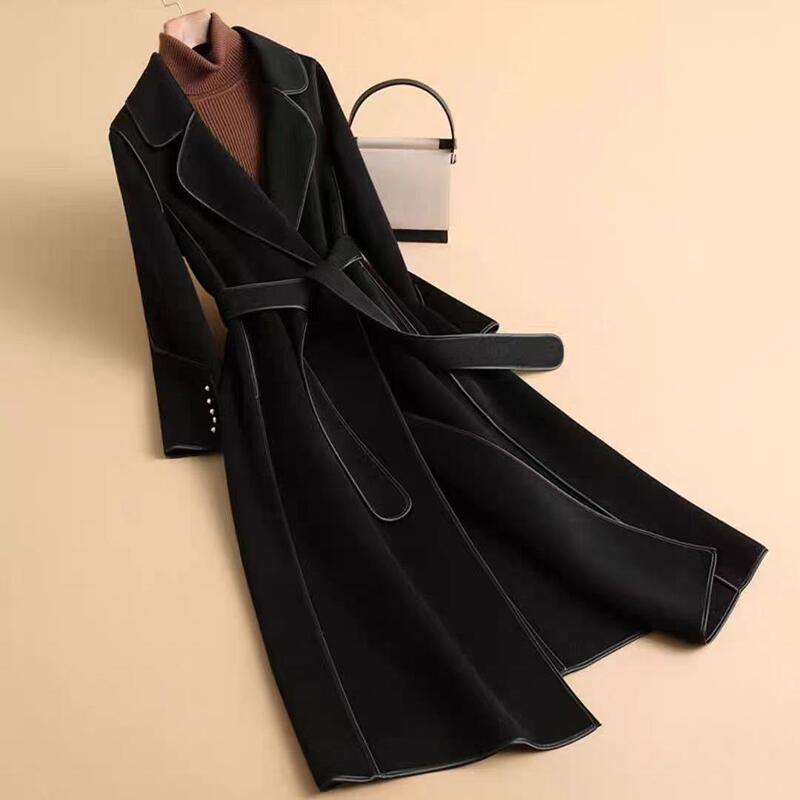 2025 Autumn/Winter New Hepburn Style Double-Sided Cashmere Coat for Women, Black Belted Waist Woolen Mid-Length Coat