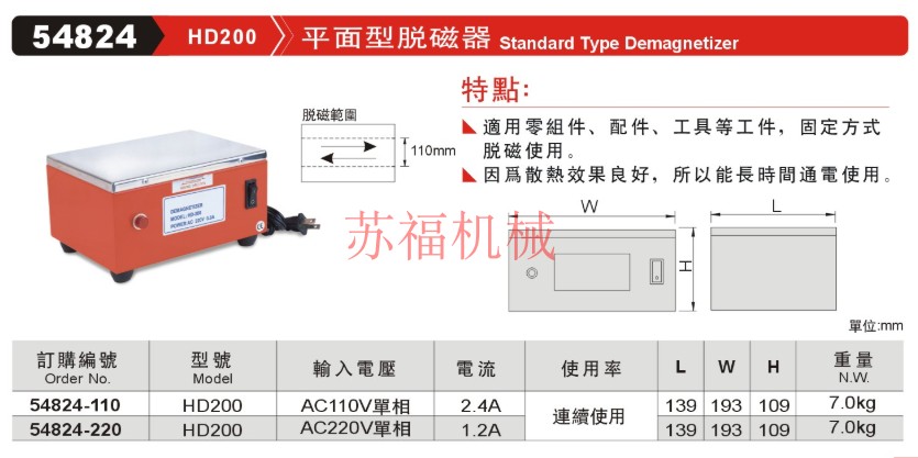 Taiwan Extended 54824-110 Flat Demagnetic Demagnetic Demagnetic Range 110MM HD200