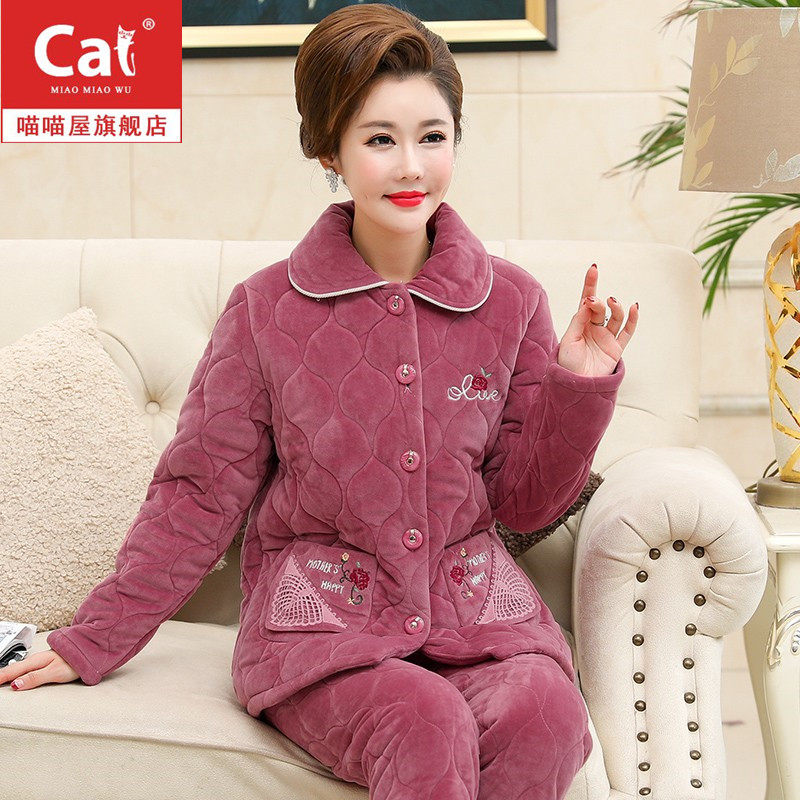 Middle aged mom Sleeping woman Winter three-layer thickened Garsuede Coral Fleece Clip Cotton Winter Old Clothes Suit Suit