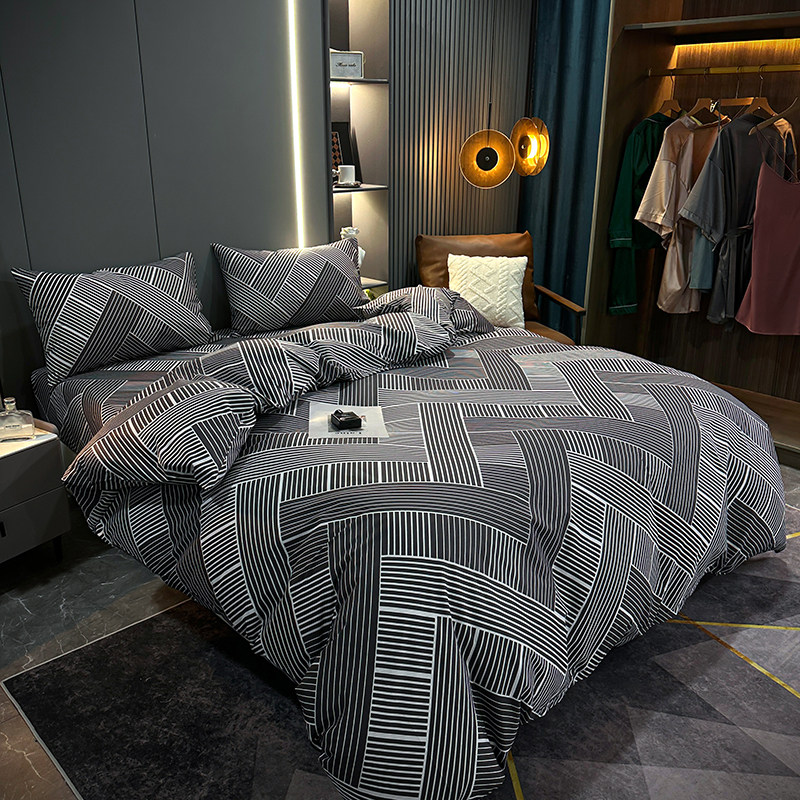 Spring and Summer All-Cotton Four-Piece Set, Pure Cotton Bed Sheet, Plaid Simple Duvet Cover, 1.5/1.8 Bed Fitted Sheet, Three or Four-Piece Set