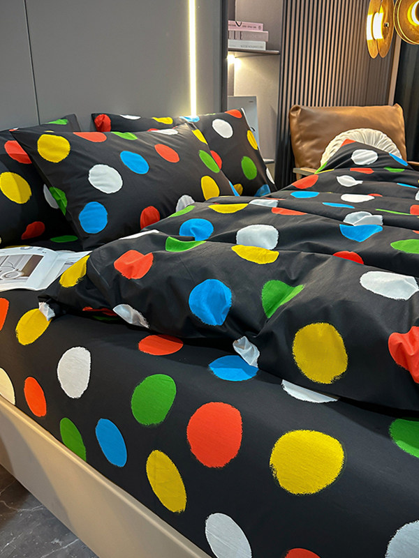 100% Cotton Four-Piece Bedding Set, Pure Cotton Bed Sheet with Large Polka Dots, Nordic Simple Duvet Cover, 1.8m Bed Fitted Sheet, Three or Four-Piece Set
