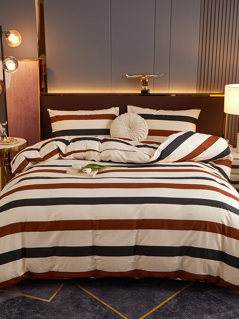 Striped Cotton Four-Piece Set Pure Cotton Bedding Spring and Summer Bed Sheet Nordic Simple Duvet Cover 1.8 Fitted Sheet Three-Four Piece Set