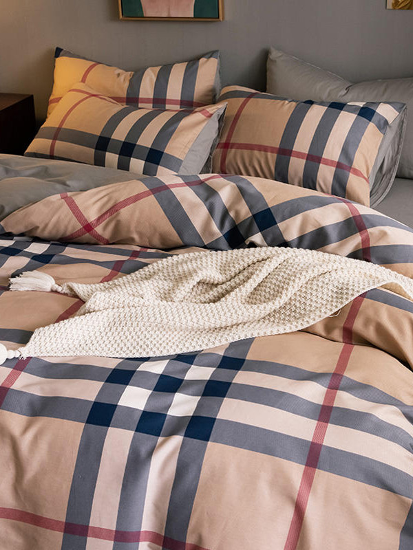 Internet-Famous All-Cotton Four-Piece Set, Pure Cotton Bedding, Bed Sheet, Nordic Simple Plaid, Light Luxury Duvet Cover, Fitted Sheet, Three-Piece Set