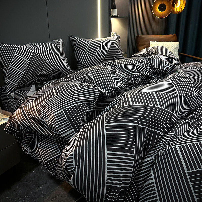 Spring and Summer All-Cotton Four-Piece Set, Pure Cotton Bed Sheet, Plaid Simple Duvet Cover, 1.5/1.8 Bed Fitted Sheet, Three or Four-Piece Set