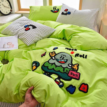 Dopamine Pure Cotton Washed Cotton Four-Piece Bedding Set, High-End All-Cotton Bedding, Green Duvet Cover, Dormitory Three-Piece Bed Sheet Set