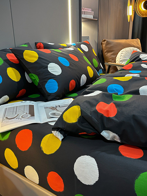 100% Cotton Four-Piece Bedding Set, Pure Cotton Bed Sheet with Large Polka Dots, Nordic Simple Duvet Cover, 1.8m Bed Fitted Sheet, Three or Four-Piece Set