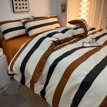 Striped Cotton Four-Piece Set Pure Cotton Bedding Autumn and Winter Bed Sheet Nordic Simple Duvet Cover 1.8 Fitted Sheet Three-Four Piece Set