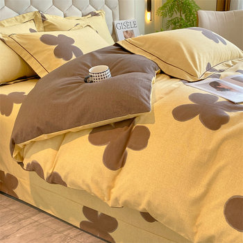 Thickened 100 Brushed Cotton Printed Four-Piece Set, Pure Cotton Bedding, Spring and Summer Bed Sheet, Duvet Cover, Simple 1.8m Size