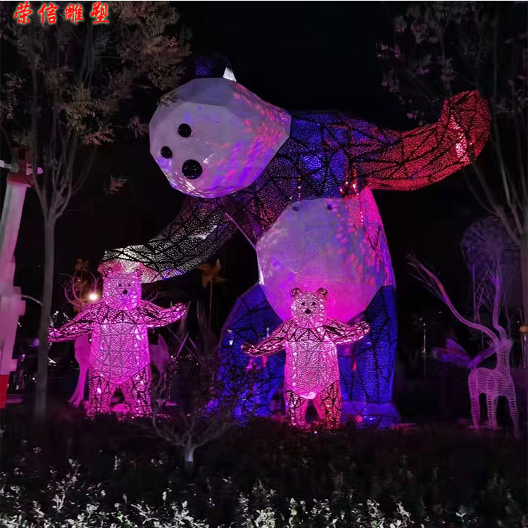 Stainless Steel Luminous Large Bear Sculpture with Mirror Geometric Surface, Trendy Bear Cartoon Rabbit, Internet-Famous Colorful Giant Panda Ornament