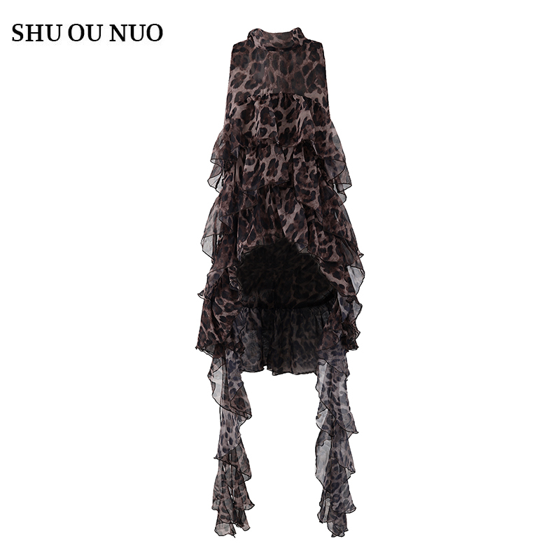 [in Stock] Slightly Transparent Leopard Print Multi-Layered Ruffle Design Chiffon Sleeveless Women's Top