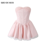 [In Stock] Pink Mist Gauze Skirt Summer 2026 New Sweet Girly Sequined Tulle Splicing Tube Top Skirt